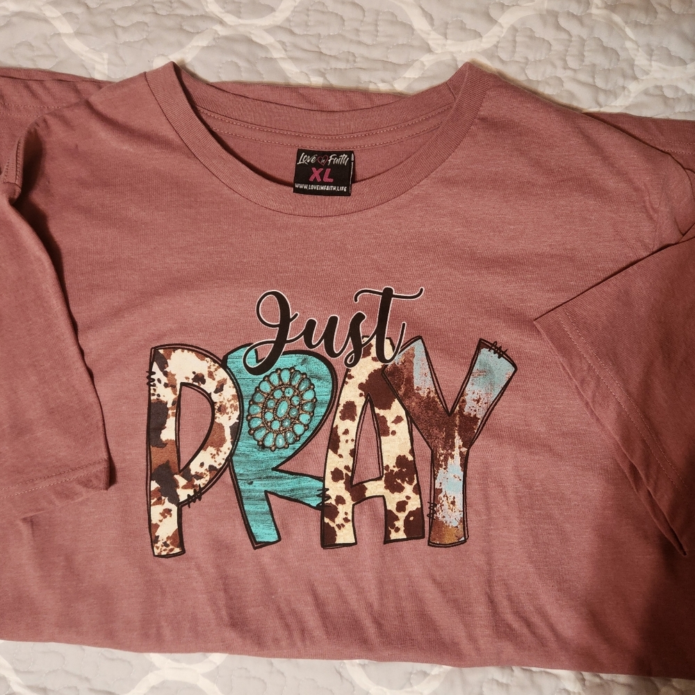 5 Shirts Includung Graphic Tee with 'Just Pray' Design, Love 9ne Another, Etc